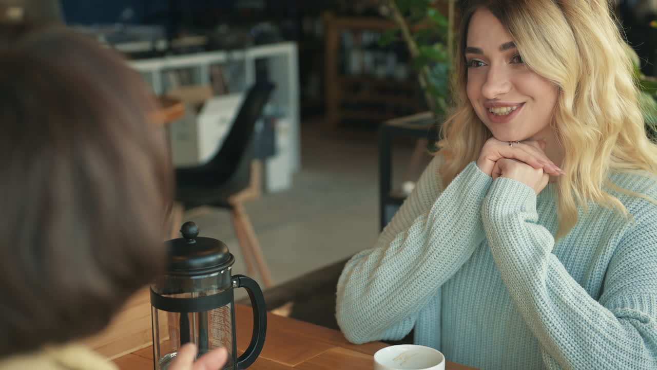 Free stock video - Young female friends talking in a coffee shop