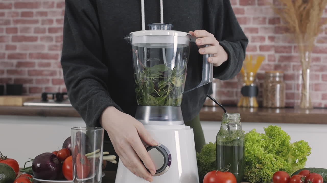 Free stock video - Blender with vegetables, cooking detox smoothie juice