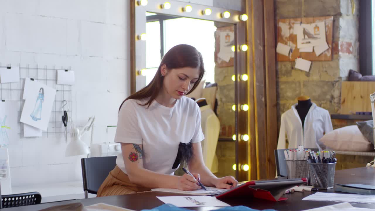 Free stock video - Beautiful female fashion designer sitting at desk